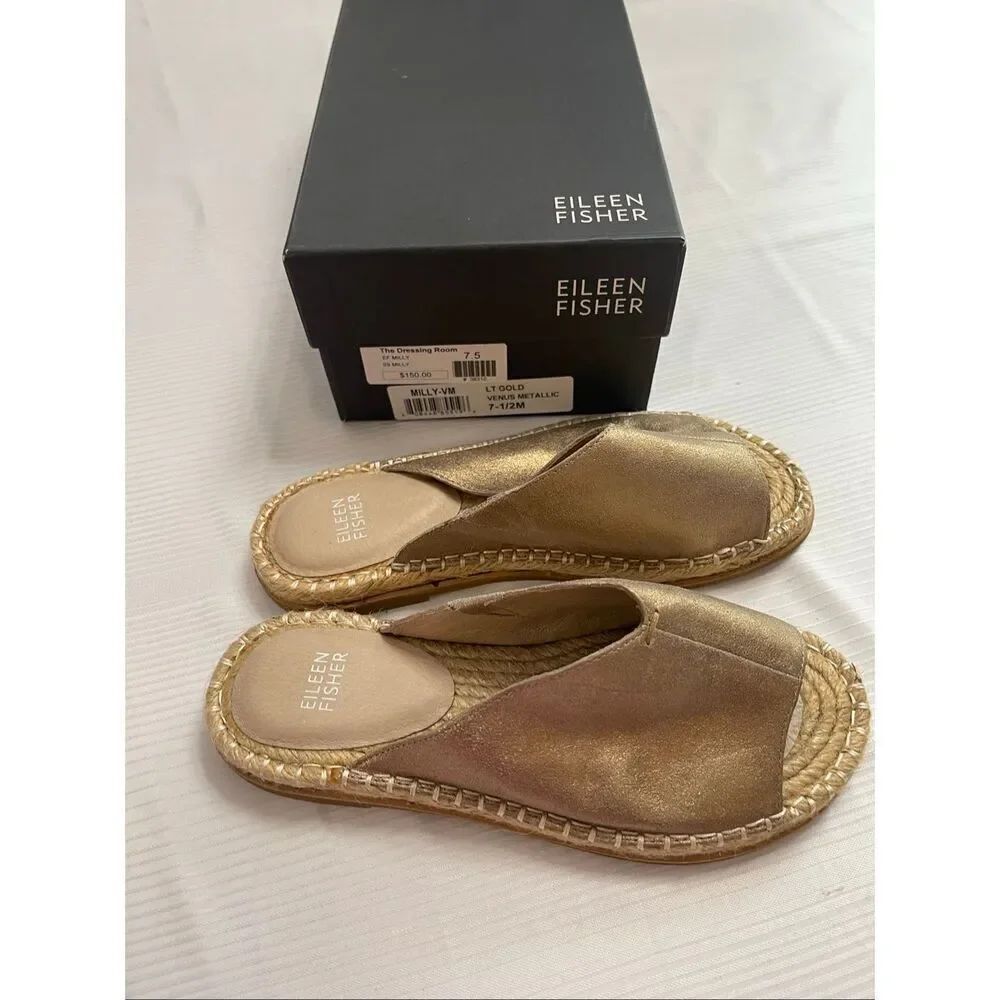 Eileen Fisher Gold Venus Metallic Espadrille Slip On Sandals Size 7.5 7 1/2 New
